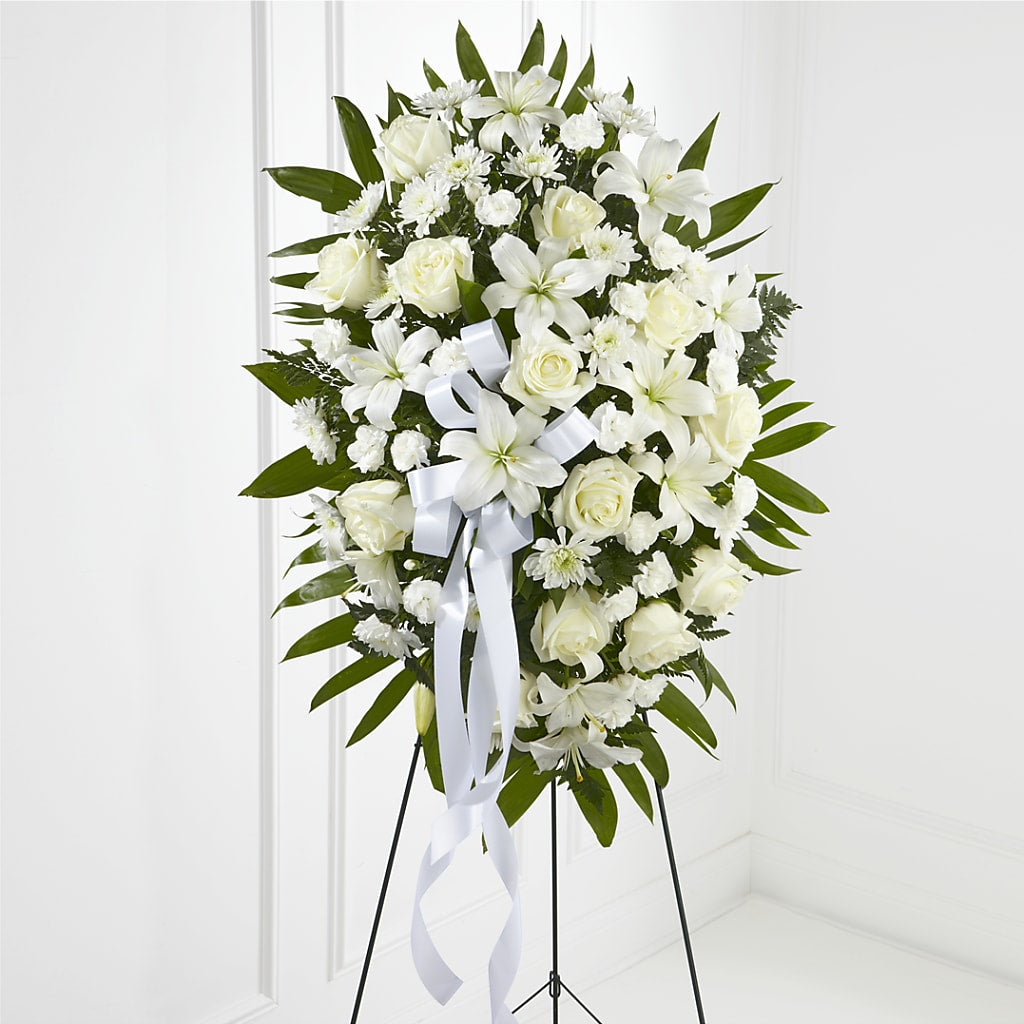 Exquisite Tribute Standing Spray-White Ribbon – FLOWER'S SAGE, Doral FL